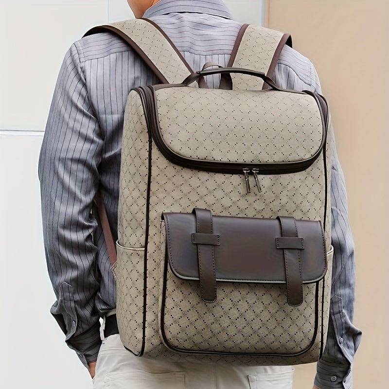 LUMG Men'S Casual Large Capacity Laptop Backpack - Brown & Beige Check Pattern, Durable, Multiple Compartments with Zipper Pockets, Ideal for Commuting, Travel, and Everyday Use, Everyday Backpack|Casual Style Backpack|Functi
