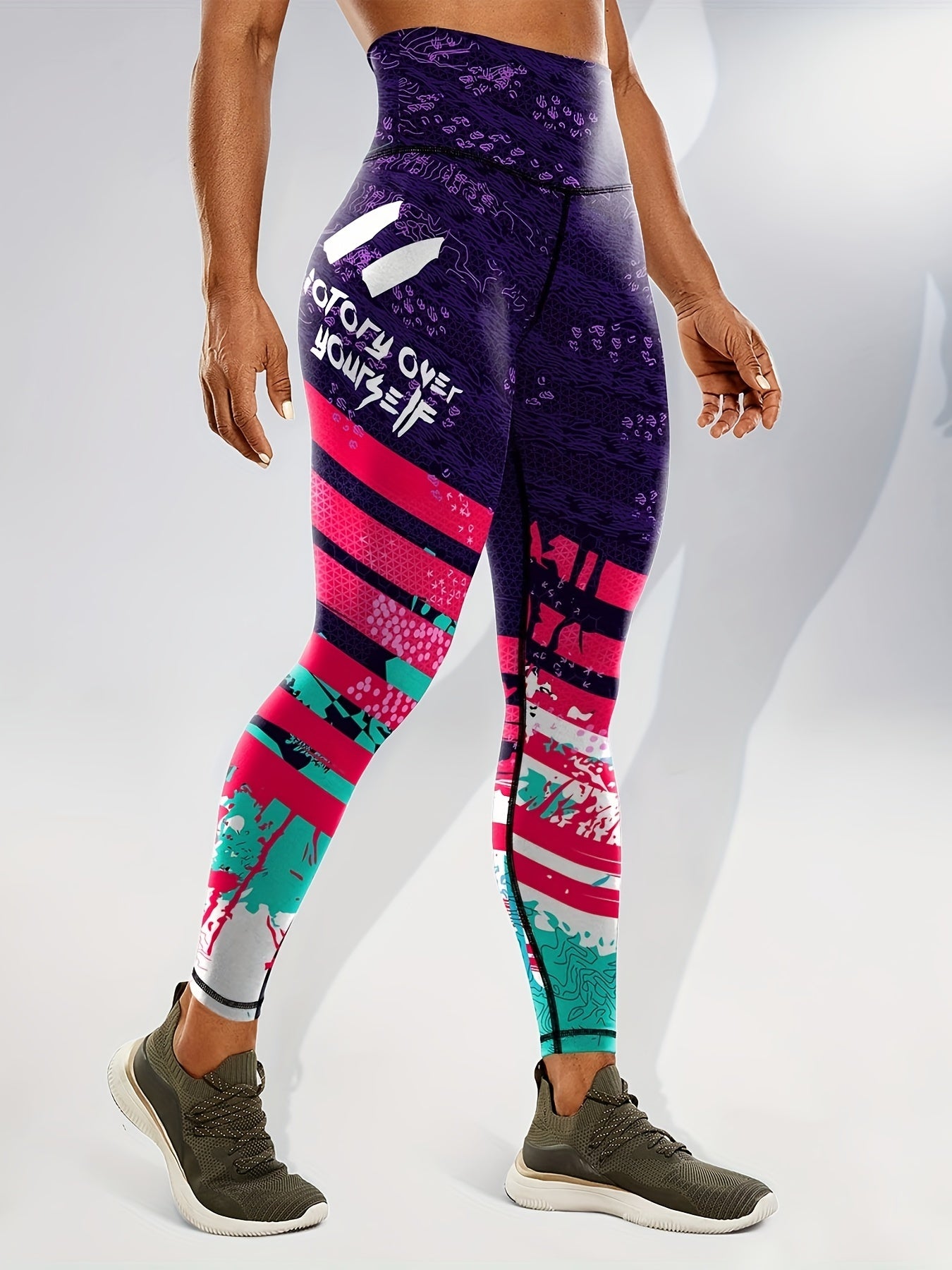 Women's Fashion Color Block Splash Print Yoga Pants, Striped Print Breathable Stretchy Butt Lifting Yoga Workout Running Sports Leggings, Women's Activewear