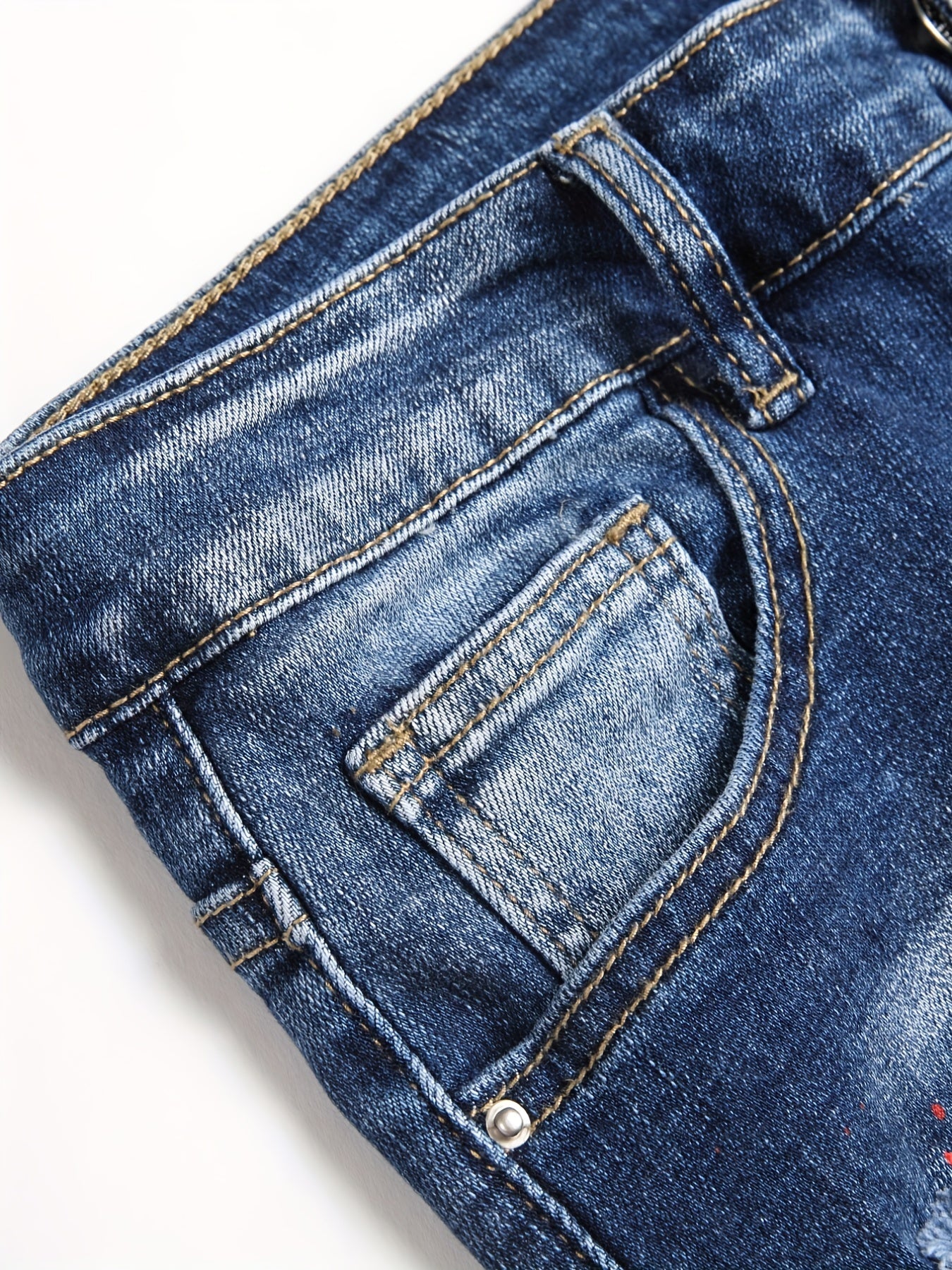 Patch Splatter Ripped Jeans, Men's Casual Street Style Distressed Slim Fit High Stretch Denim Pants For Spring Summer