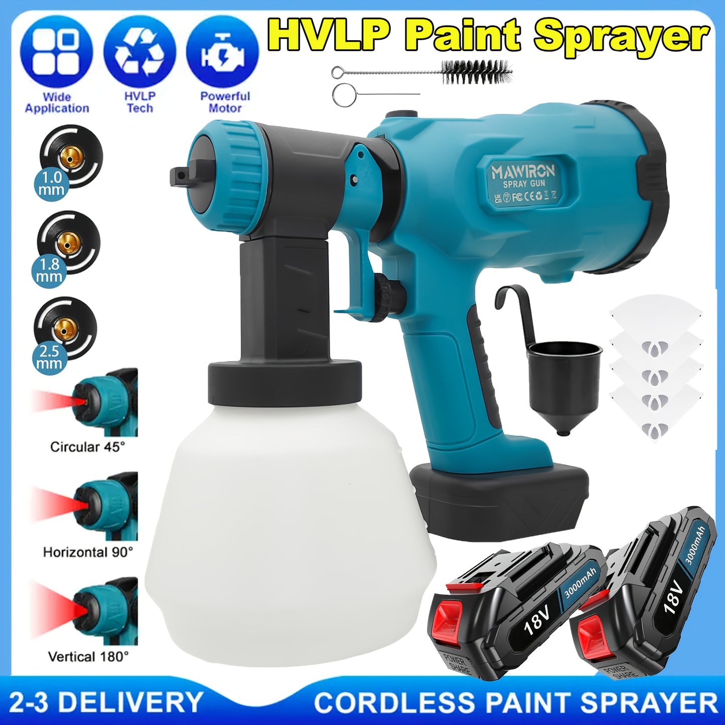 Fence Paint Sprayer with 2x 3000mAh Lithium Ion Batteries, HVLP Cordlss Paint Sprayer Compatible with Makita 18V Battery, 1000ml Tank 4 Nozzles And 2 Cleaning Tools, 3 Patterns Battery Spray Gun Paint Sprayer for Walls And Ceiling