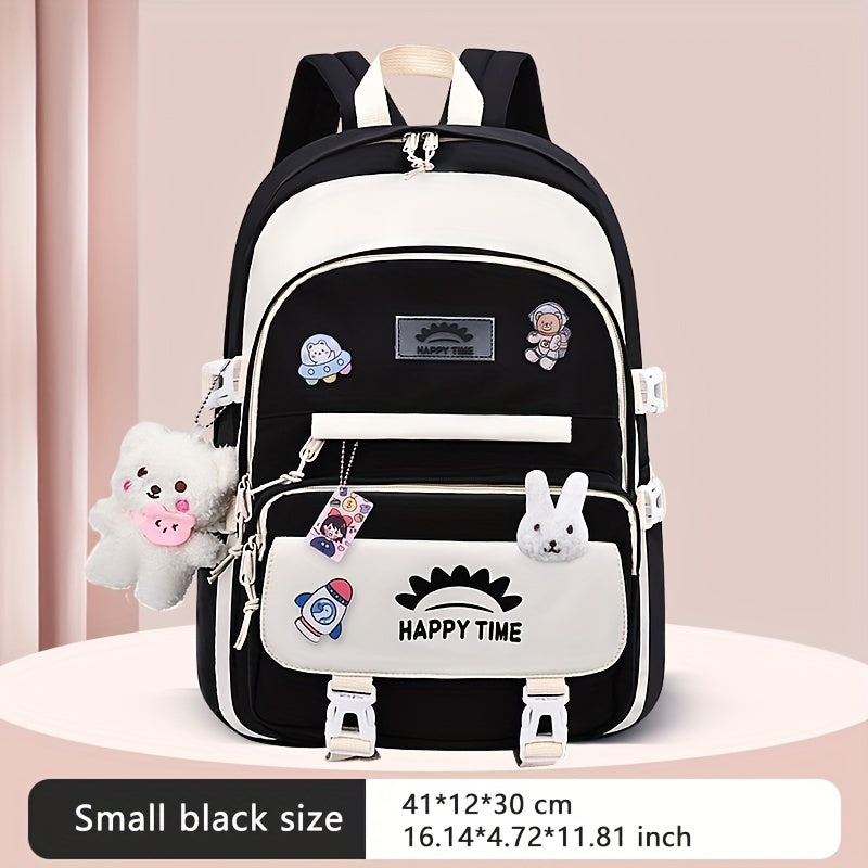Chic Nylon Backpack for Girls - Cute Cartoon Design, Adjustable Straps, Lightweight backpack, Perfect for Elementary to High School Students