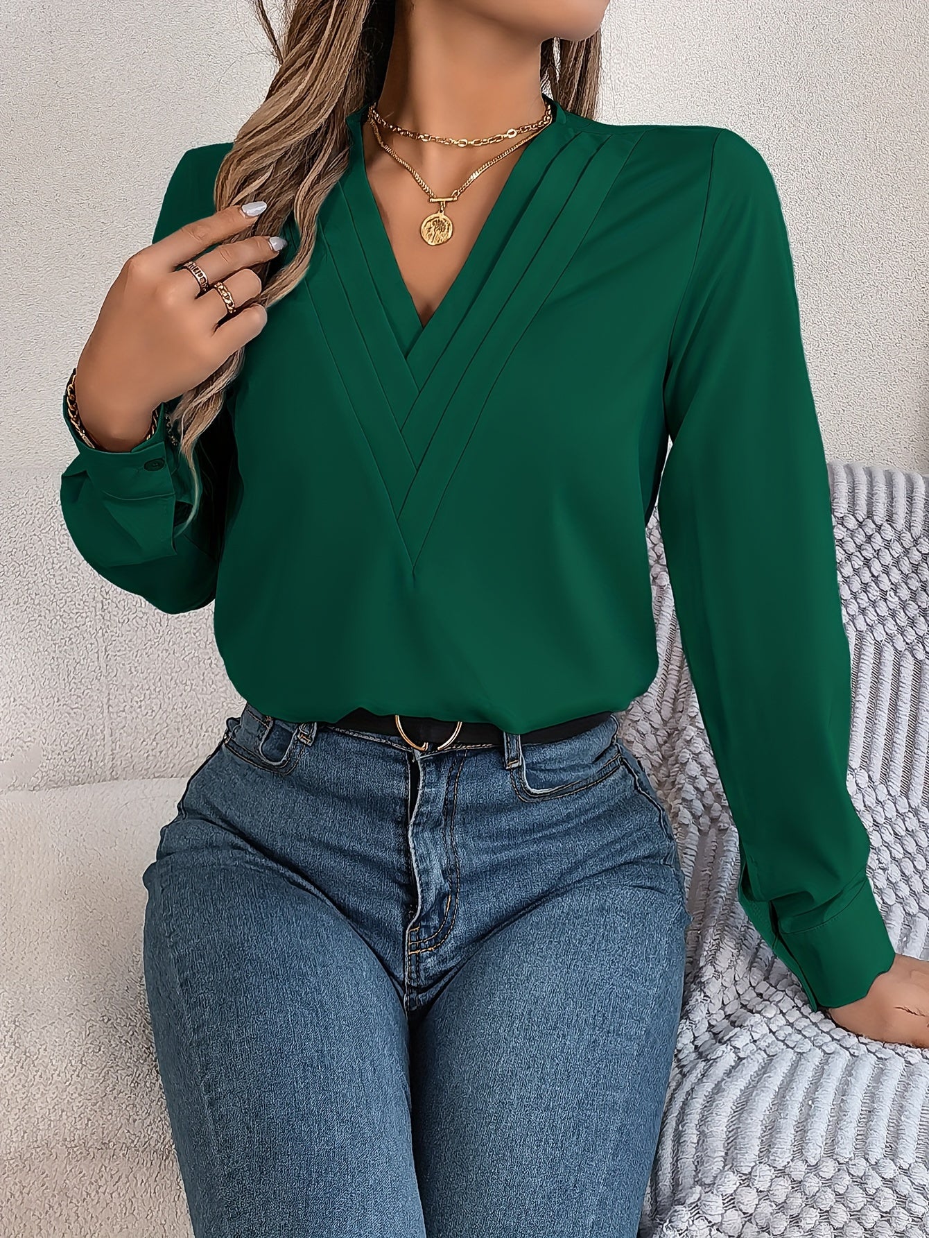 Women'S Elegant V-Neck Long Sleeve Shirt, Solid Color Polyester Blouse with Triple V-Cut, 95% Polyester 5% Elastane, Woven Fabric, 120g/m², for Spring/Summer/Fall - Adult