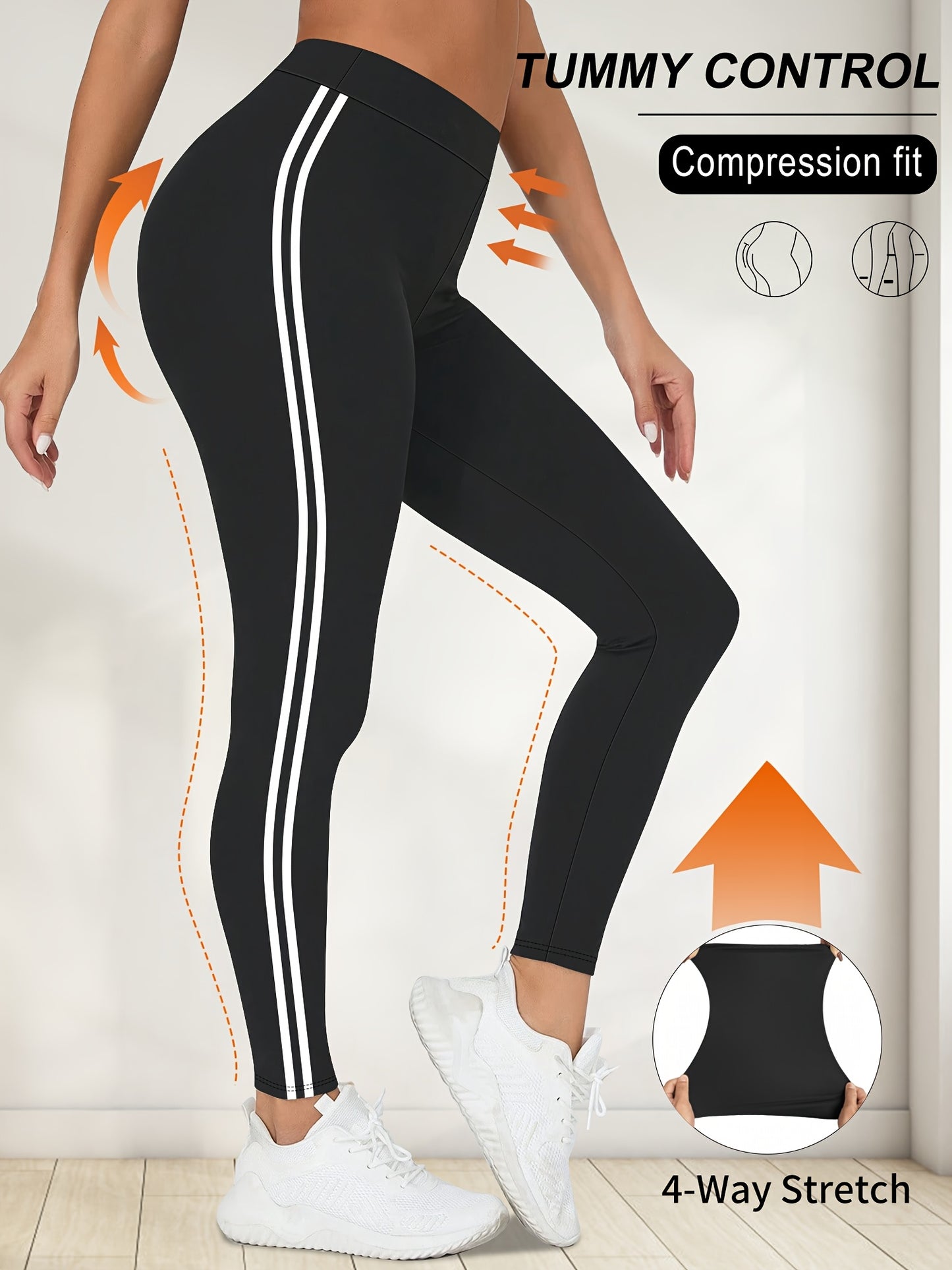 Women'S High-Waisted Black Side Stripe Leggings - Compression Fit, 4-Way Stretch, Crop Length, Sports Pants for Fitness and Casual Wear, Athletic Wear|Side Stripe Leggings|Compression Fit Leggings