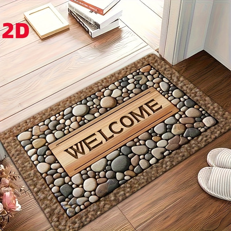 2D Welcome Home Non-Slip Door Mat - Durable, Machine Washable Mat with Stone Pattern & Wood Texture Design - Perfect for Farmhouse Decor, All-Season Use, Polyester Material, Welcoming Entrance Mat | Natural Look Rug | Wooden