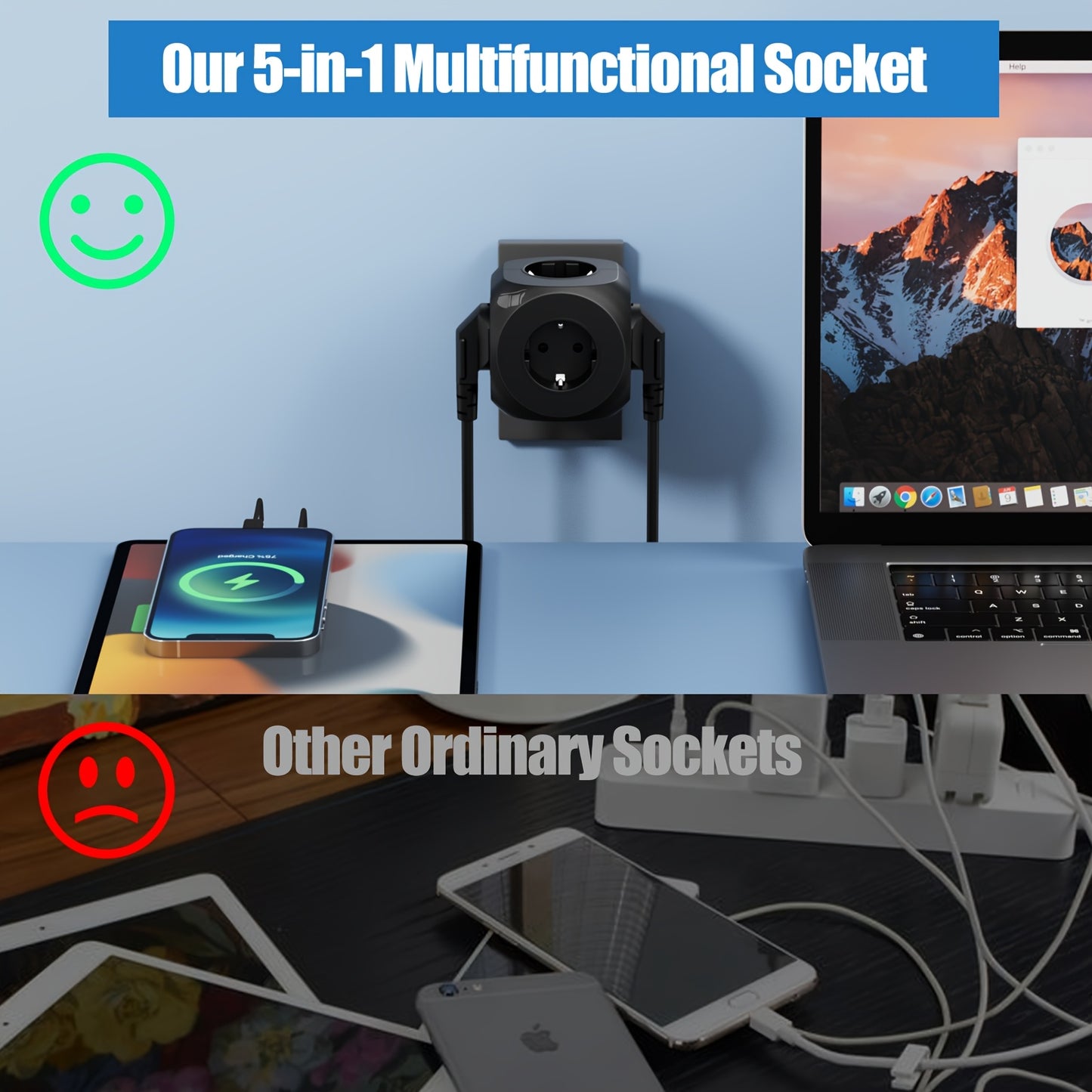 Five-in-one multi-socket cube wall plug, standard European 5 European sockets, multi-socket three-dimensional, suitable for office, home, travel