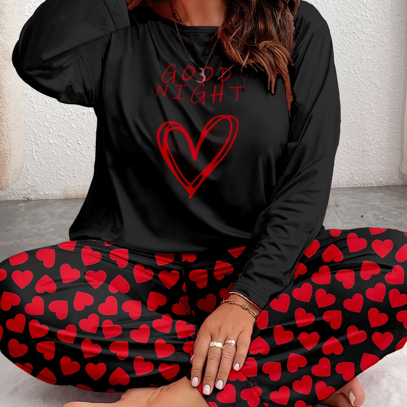 Women's Comfort Plus Size Heart Print Pajama Set - Long Sleeve and Pants, Soft Polyester Loungewear, Machine Washable, Autumn, Oversized, Heart Pattern, Long Sleeve Sleepwear Set