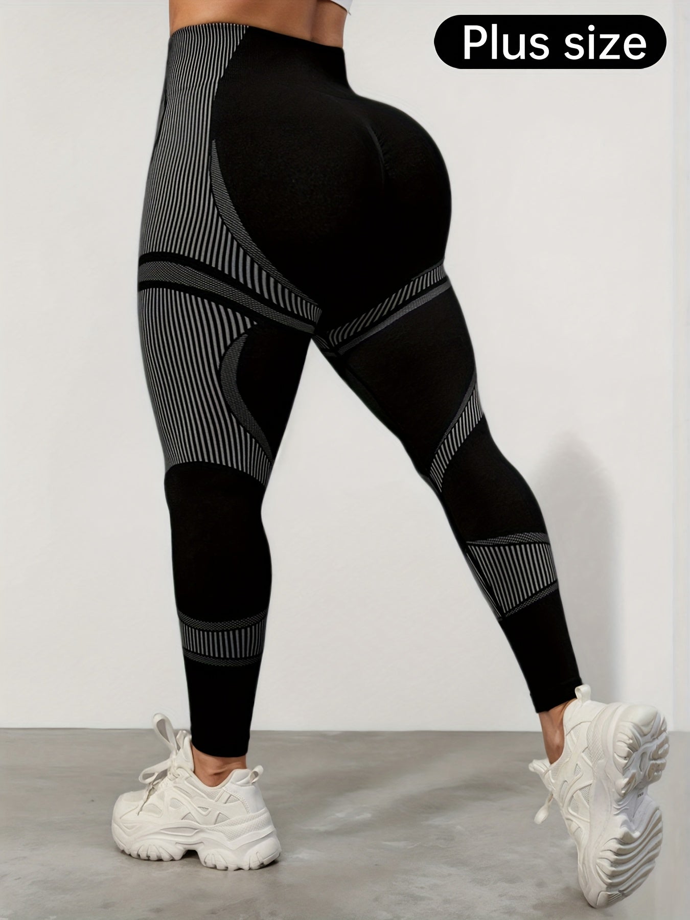 1pc Women'S Plus Size High Waist Seamless Yoga Pants, Nylon & Spandex Stretch Fabric, Striped Pattern, Breathable Mesh, Non-Waterproof, Spring/Summer/Autumn Tights for Yoga & Fitness