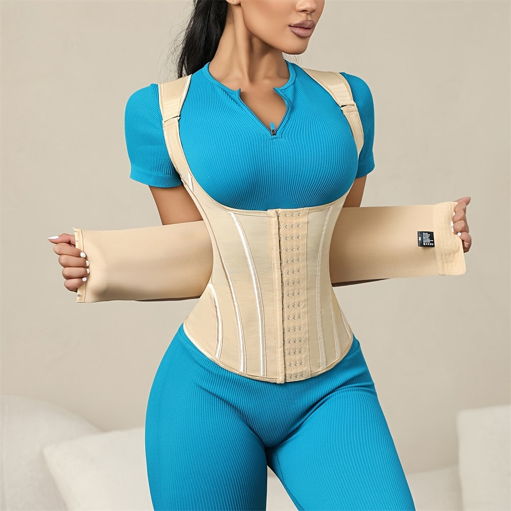 Polyamide Women's Waist Trainer Corset - Back Support with Dual Waist Straps, Adjustable Shoulder Straps, Hard Control Knit Fabric Cincher, Breathable with Steel Frame Support, 72.7% Polyamide 27.3% Elastane, Washable - 1 Pc