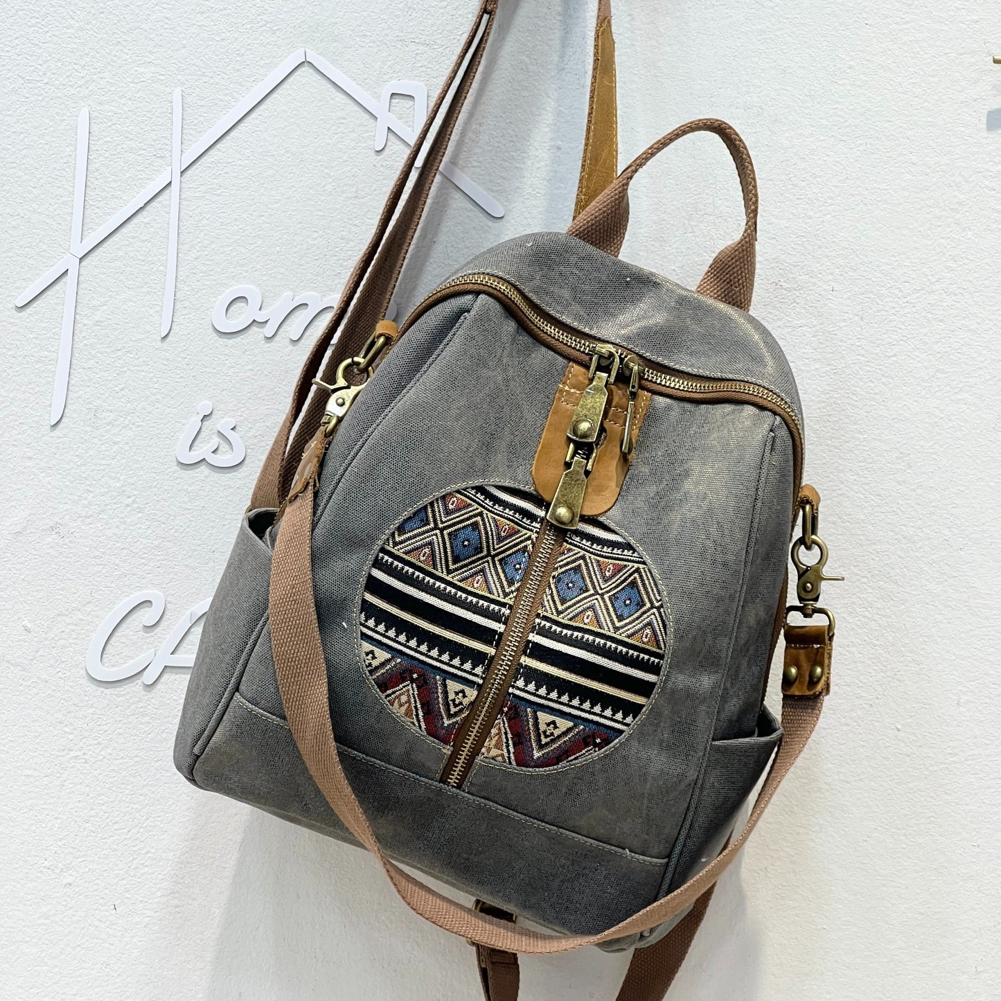 Bohemian Tribal Print Canvas Backpack with Adjustable Straps & Metal Hardware - Convertible Single/Double Shoulder Casual Daypack for Travel, School, Shopping - Zipper Closure & Polyester Lining, Backpack for Travel, Geometri