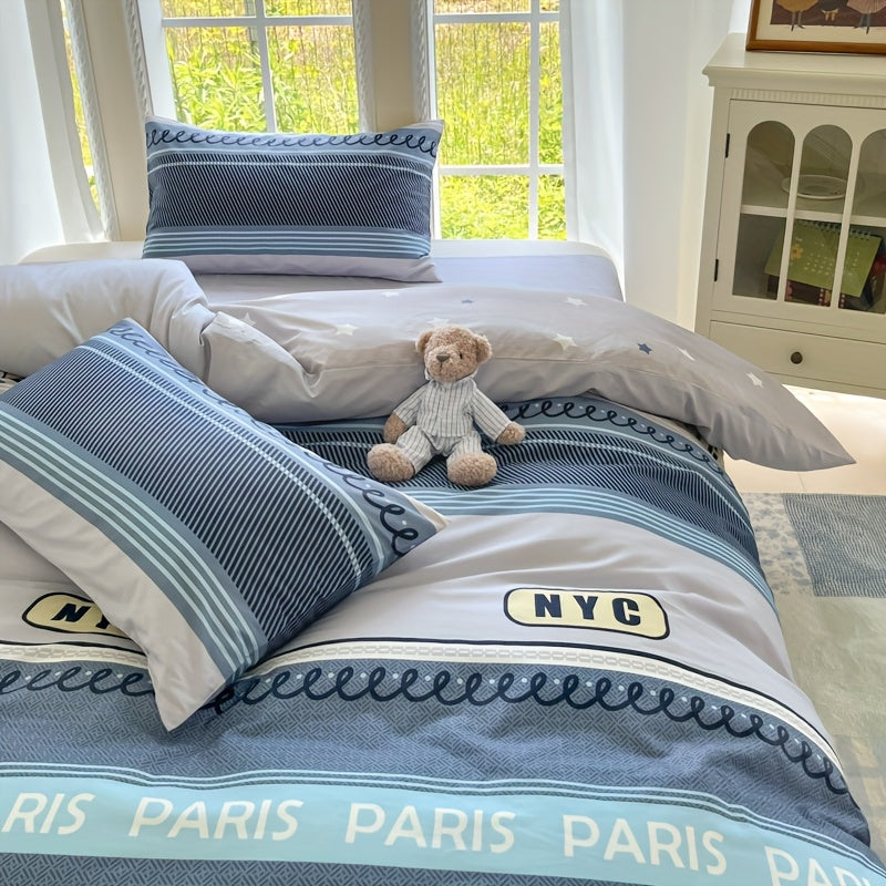 Four Seasons Beige-Friendly Printed Brooklyn Pattern Flannel Set, 4pcs 100% Cotton, 1 Duvet Cover + 2 Pillowcases + 1 Fitted Sheet, Soft and Delicate, Breathable and Sweat-Wicking, Simple and Elegant, Machine Washable,  Beddi