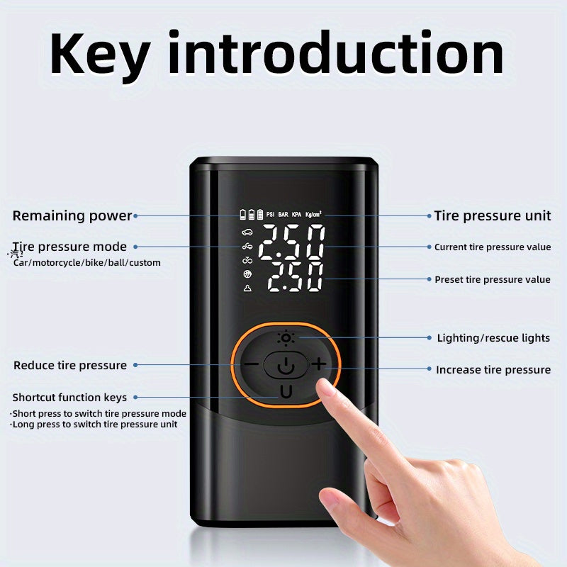 Portable Air Compressor with Digital Pressure Gauge, 150PSI Rechargeable Battery, LED Light, Wireless Tire Pump for Cars, Motorcycles, Bicycles, etc., Black, Motorcycle Tire Inflation, Compact Design, Durable Construction, Us