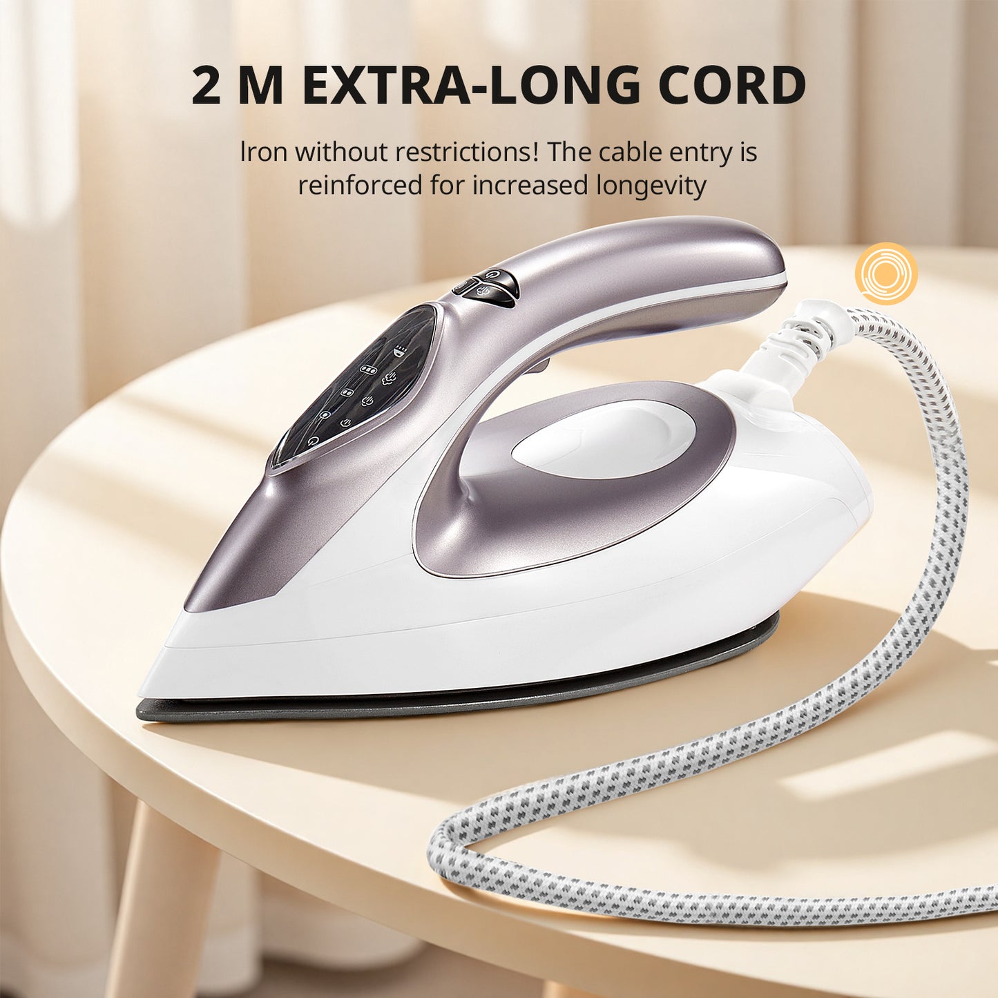 Steam Station Iron offers 5.5 bar pressure, a 1.5L water tank, a ceramic soleplate, an anti-limescale function, vertical steaming, three adjustable temperatures, cord storage, 2400W power, and comes in light purple., Steam Ir