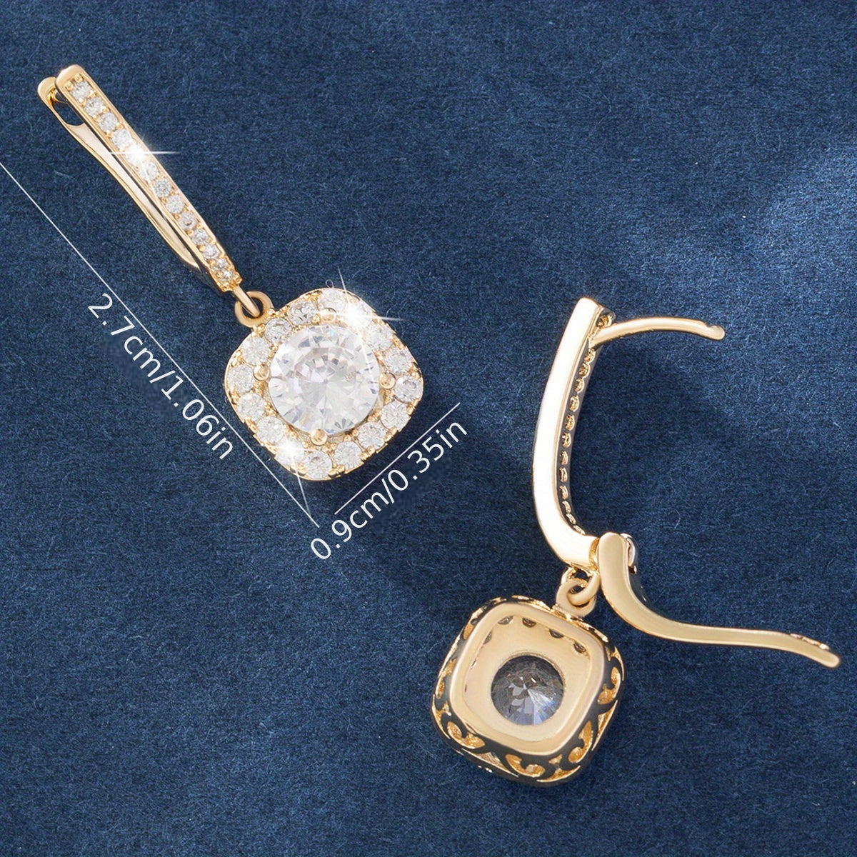 Square Shiny Zircon Decor Luxury Dangle Earrings Copper 14K Gold Plated Jewelry Exquisite Female Gift