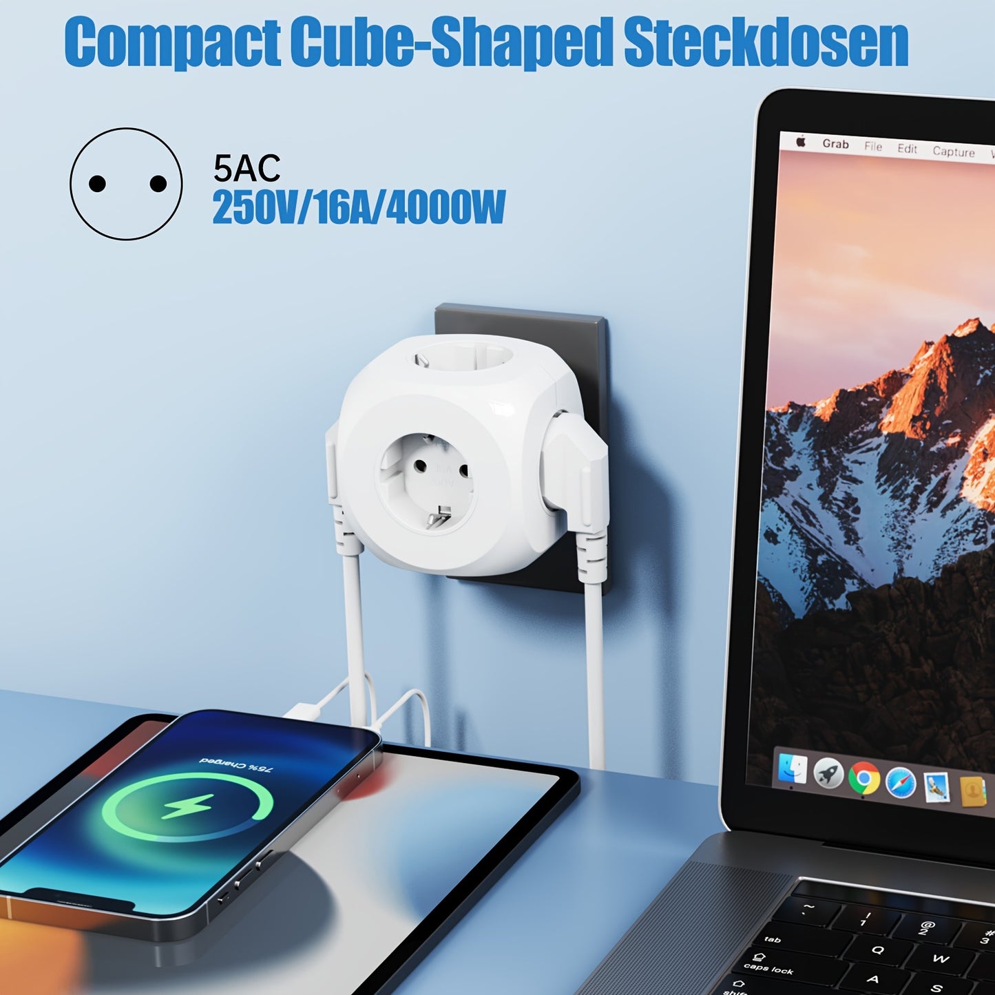 Five-in-one multi-socket cube wall plug, standard European 5 European sockets, multi-socket three-dimensional, suitable for office, home, travel