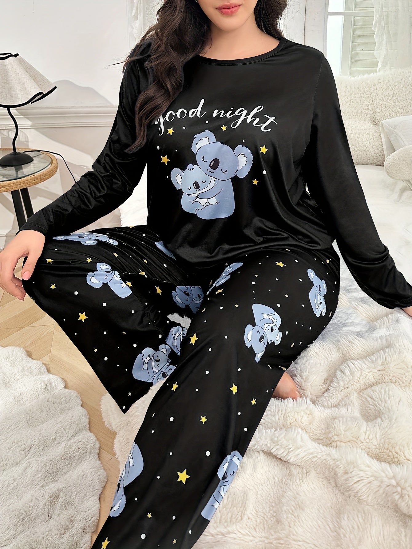 Plus Size Autumn/Winter Women's Pajamas with Cute Cartoon Koala Print Long Sleeve Loungewear Set