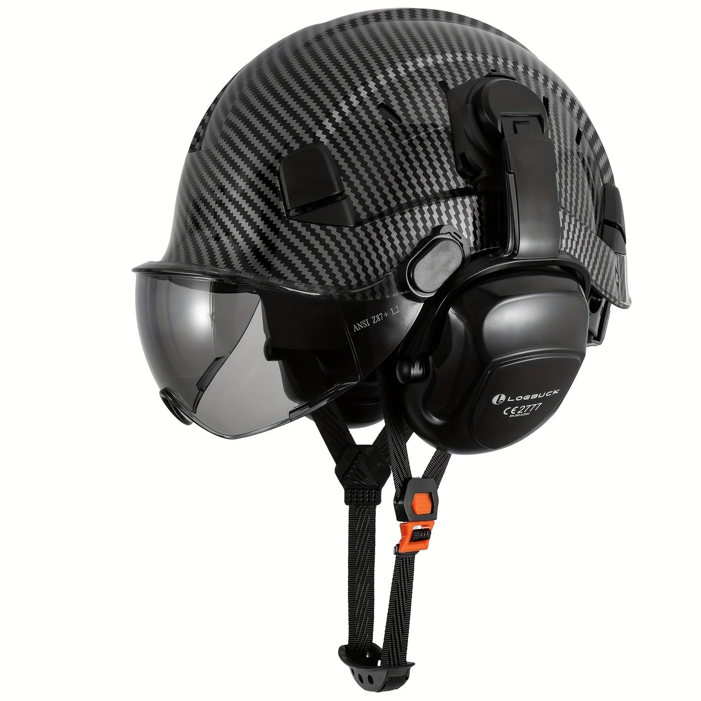 1 Set LOEBUCK Safety Helmet With Visor And Earmuffs, Logging Chainsaw Helmet, Carbon Fiber Patterned Safety Helmet For Lawn Mowing, Black Graphite Pattern, With Smoked Mask And Earmuffs