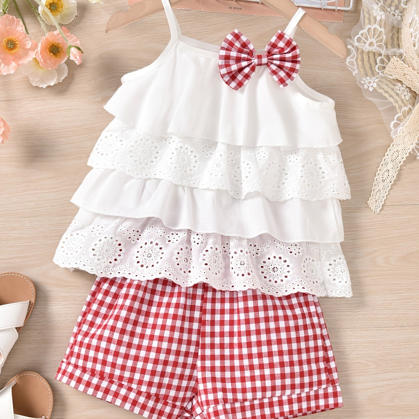 Cute Ruffle Lace Top & Check Shorts Two-Piece Set - White Blouse with Yellow Bow, Yellow & White Gingham Shorts, Perfect for Spring/Summer, Casual Playwear|Ruffle Detail Top|Nonstretch Fabric, for Outdoor