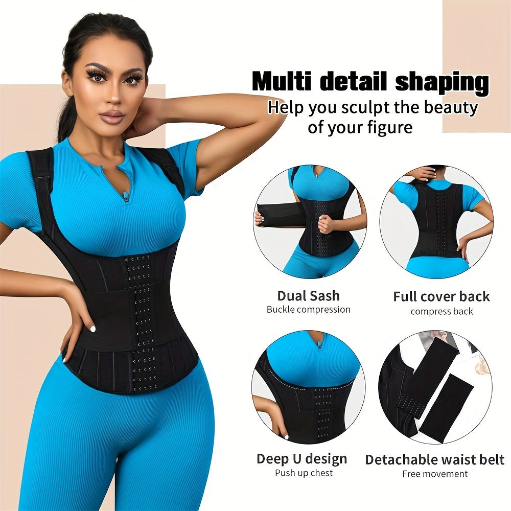 Polyamide Women's Waist Trainer Corset - Back Support with Dual Waist Straps, Adjustable Shoulder Straps, Hard Control Knit Fabric Cincher, Breathable with Steel Frame Support, 72.7% Polyamide 27.3% Elastane, Washable - 1 Pc