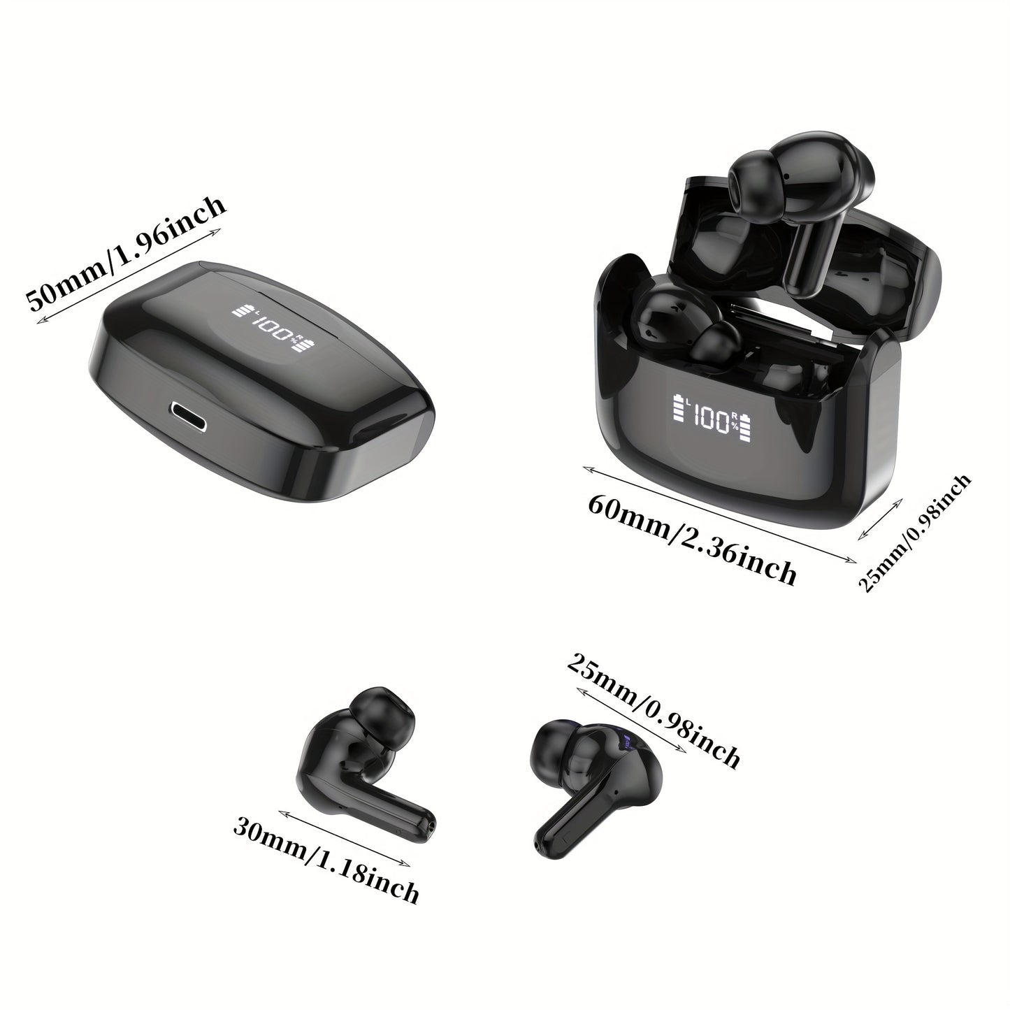 2025 New Wireless Earbuds with 40H Bass, ENC Noise Canceling, 5.3 Headset, 4 HD Microphones, USB-C LED Display, for Android & iOS, Open-Back Design, Condenser Microphones, Non-Waterproof, Ideal for Gaming, Skateboarding, Sno