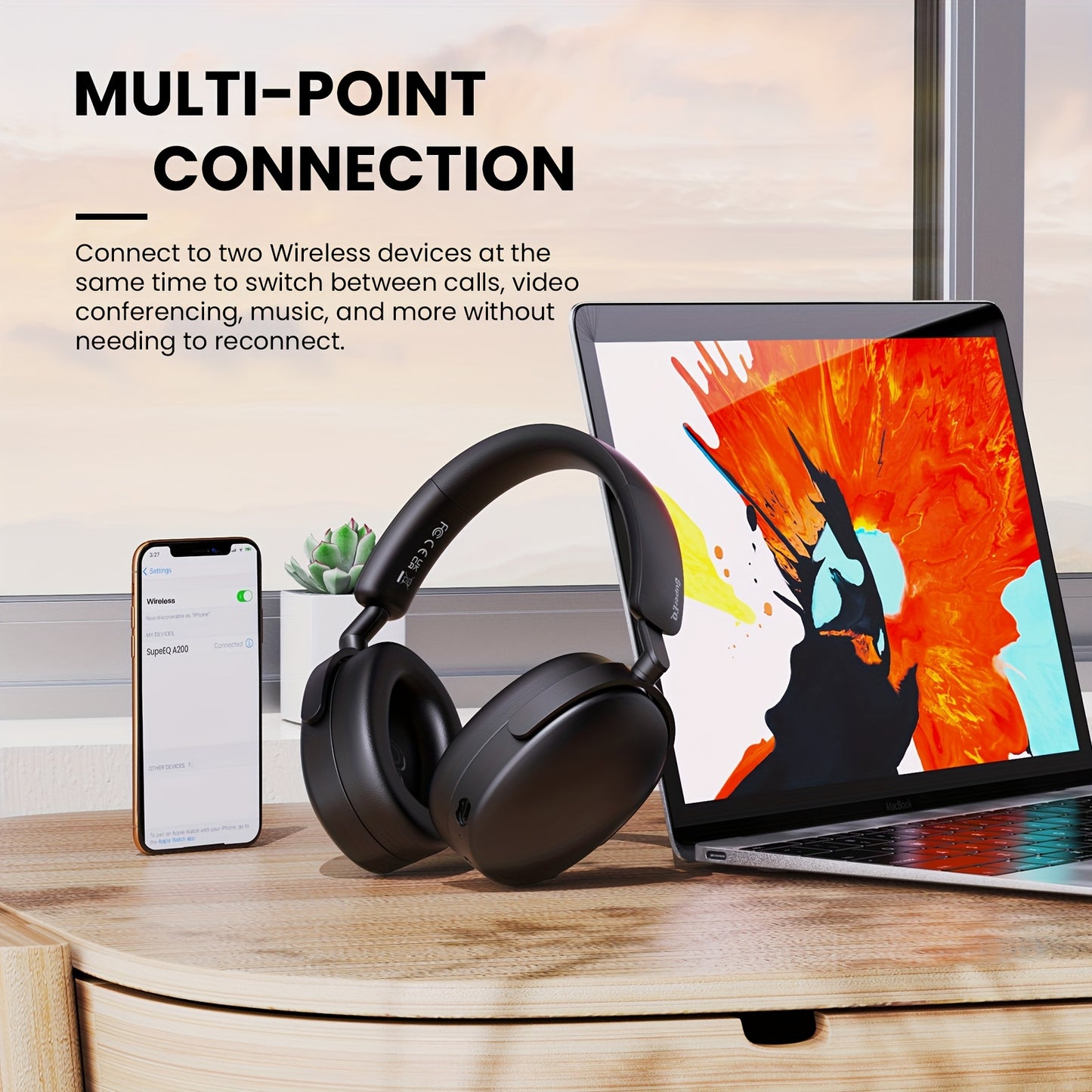 SuperEQ A200 Wireless Wireless 5.4 Headphones Hybrid Active Noise Canceling Over Ear Headset Hi-Res Audio 6-Mic AI ENC 100hrs Playtime APP Control