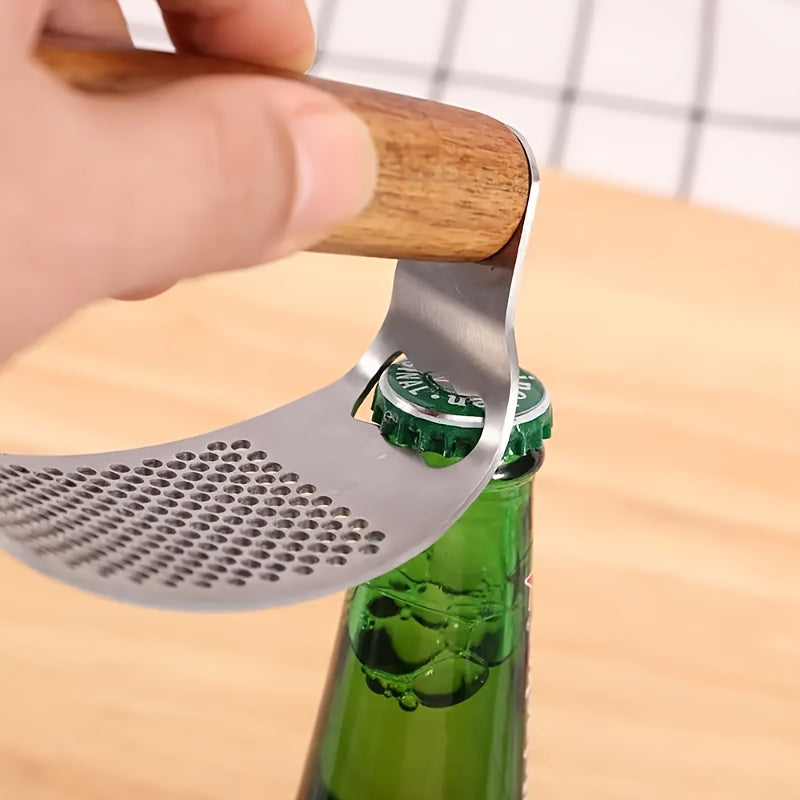 Heavy-Duty Manual Garlic Press with Built-in Bottle/Can Opener - Stainless Steel Garlic Crusher, Non-Slip Grip - Easy-to-Use Garlic Grinder for Kitchen, Camping, Picnics - Heavy-Duty Construction, No Electricity Needed - Idea