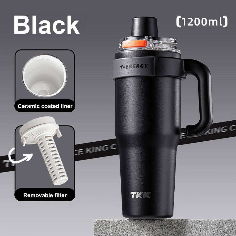 800ml/1200ml Large Capacity Ceramic Coating Liner Stainless Steel Cup Vacuum Keep Warm Cold Mug Cup with Straw Lid Handle for Coffee Coke Carbonated Beverages Ice Leakproof for School Office Outdoor Yoga sports, Travel Coffee