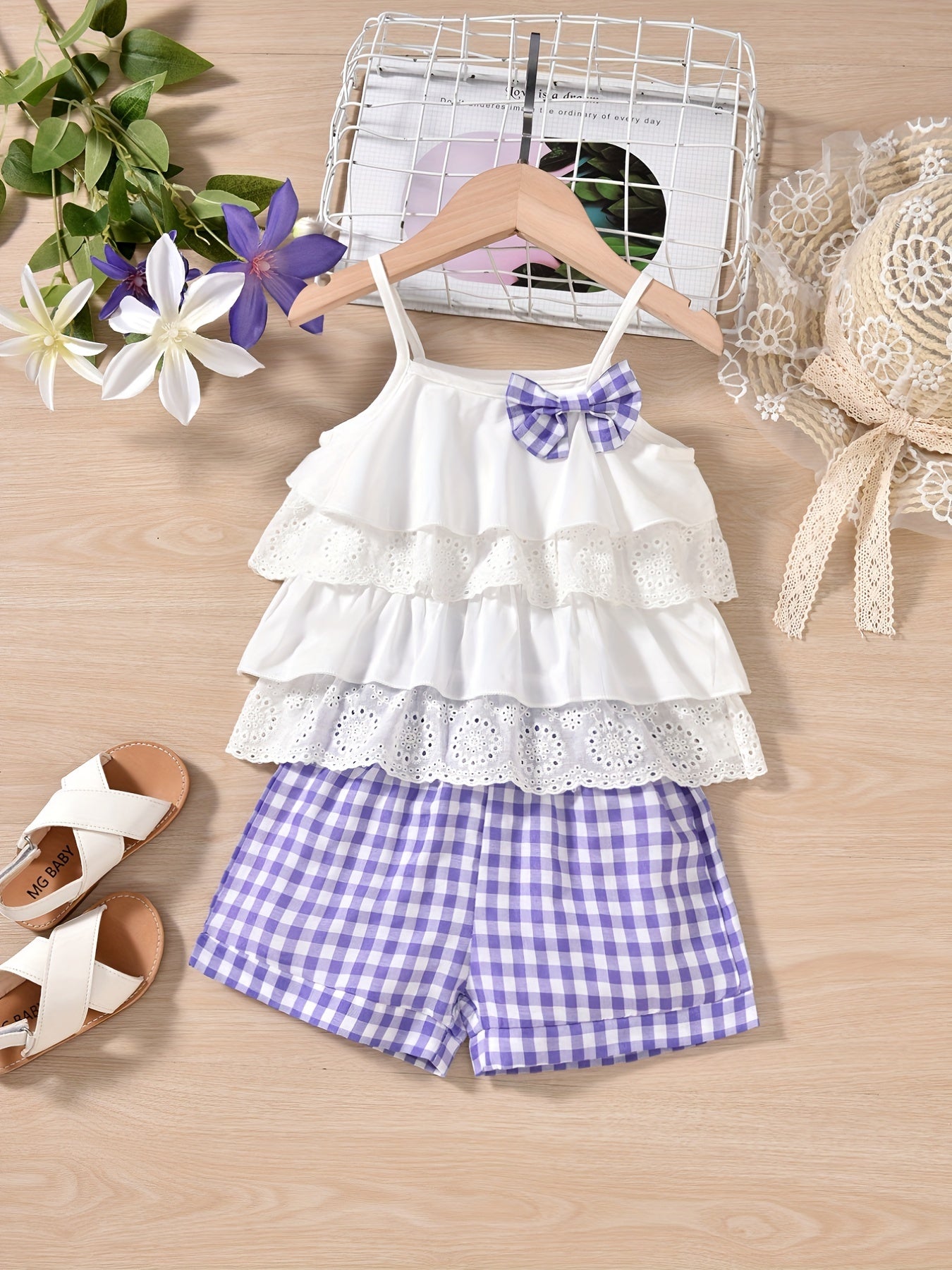 Cute Ruffle Lace Top & Check Shorts Two-Piece Set - White Blouse with Yellow Bow, Yellow & White Gingham Shorts, Perfect for Spring/Summer, Casual Playwear|Ruffle Detail Top|Nonstretch Fabric, for Outdoor