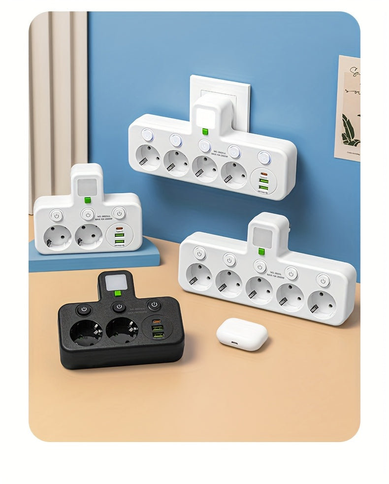 Plug Converter Socket with 5 Sockets, Multi-Port Wall Socket with Independent Switch And Small Night Light Adapter