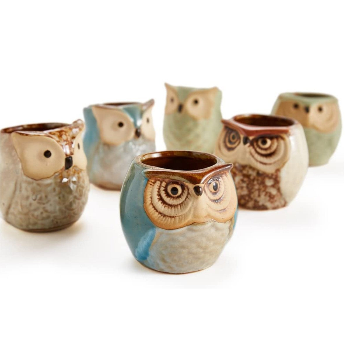 6pcs/set Owl Pot Ceramic Flowing Glaze Base Serial Set Succulent Plant Pot Cactus Plant Pot Flower Pot Container Planter With Drainage Hole Home Office Desk Garden Gift, 2.4cm/2.4inch
