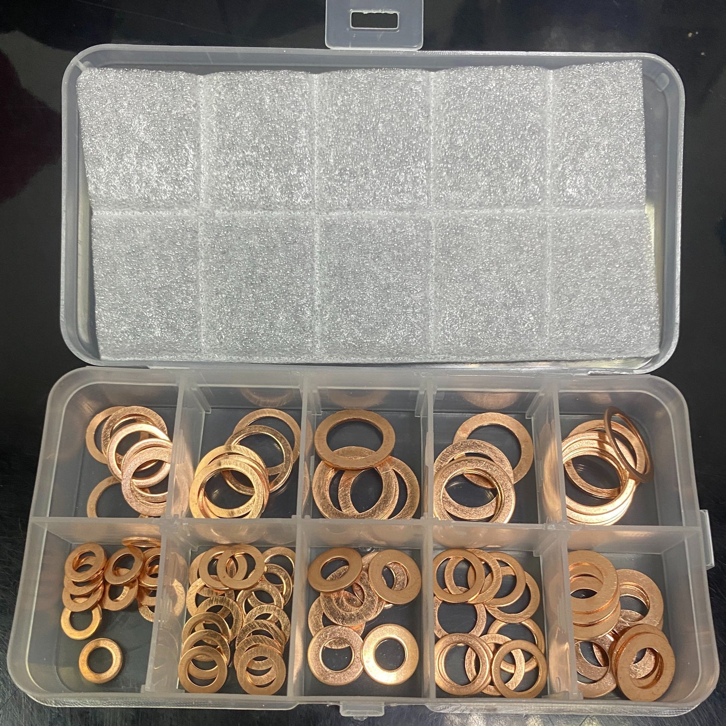 100pcs Copper Washer Gasket Nut And Bolt Set, Flat Ring Seal Assortment Kit With Box,/M5/M6//M8/M10/M12/M14 For Sump Plugs