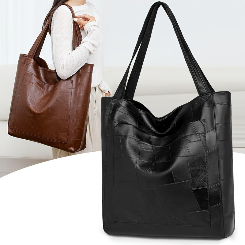 Women's Faux Leather Tote Bag with Magnetic Closure, Fixed Shoulder Straps, Solid Color, Polyester Lined, Edge Paint Detail, Suitable for Various Occasions