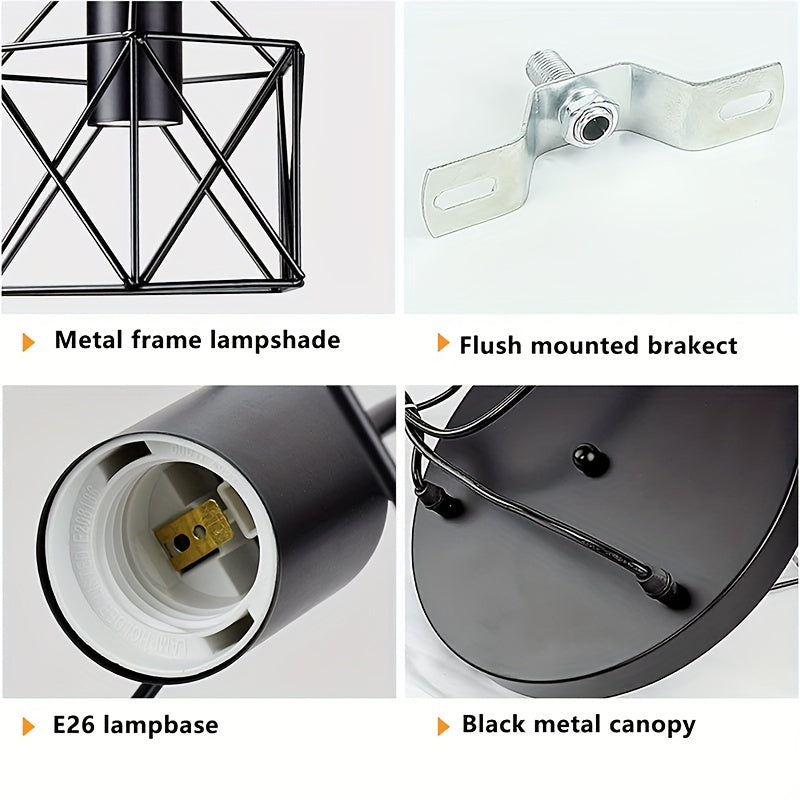 1pc 1/3 Heads Industrial Pendant, Adjustable Hanging Light Fixture, Vintage Farmhouse Pendant Light, With Metal Caged E26 Base, For Kitchen Island Dining Room Living Room