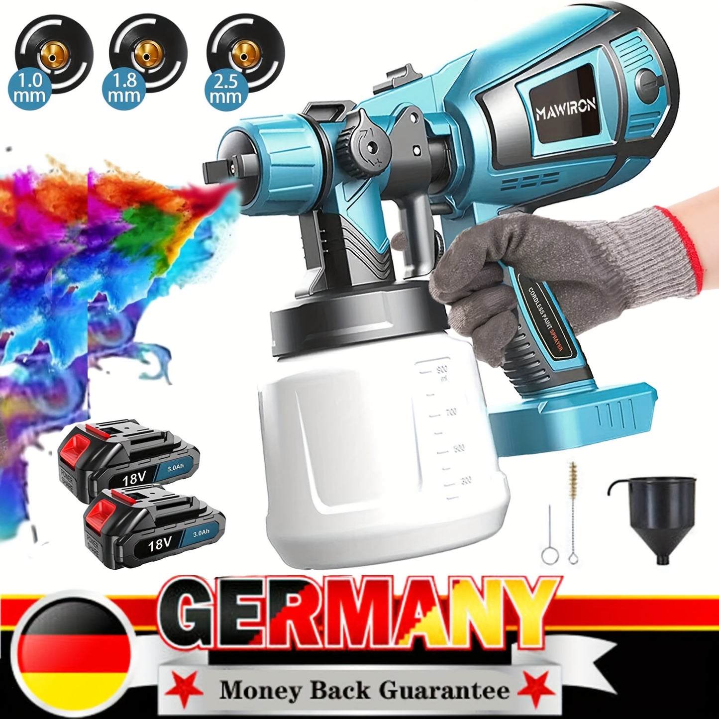 Fence Paint Sprayer with 2x 3000mAh Lithium Ion Batteries, HVLP Cordlss Paint Sprayer Compatible with Makita 18V Battery, 1000ml Tank 4 Nozzles And 2 Cleaning Tools, 3 Patterns Battery Spray Gun Paint Sprayer for Walls And Ceiling