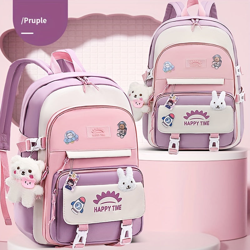 Chic Nylon Backpack for Girls - Cute Cartoon Design, Adjustable Straps, Lightweight backpack, Perfect for Elementary to High School Students