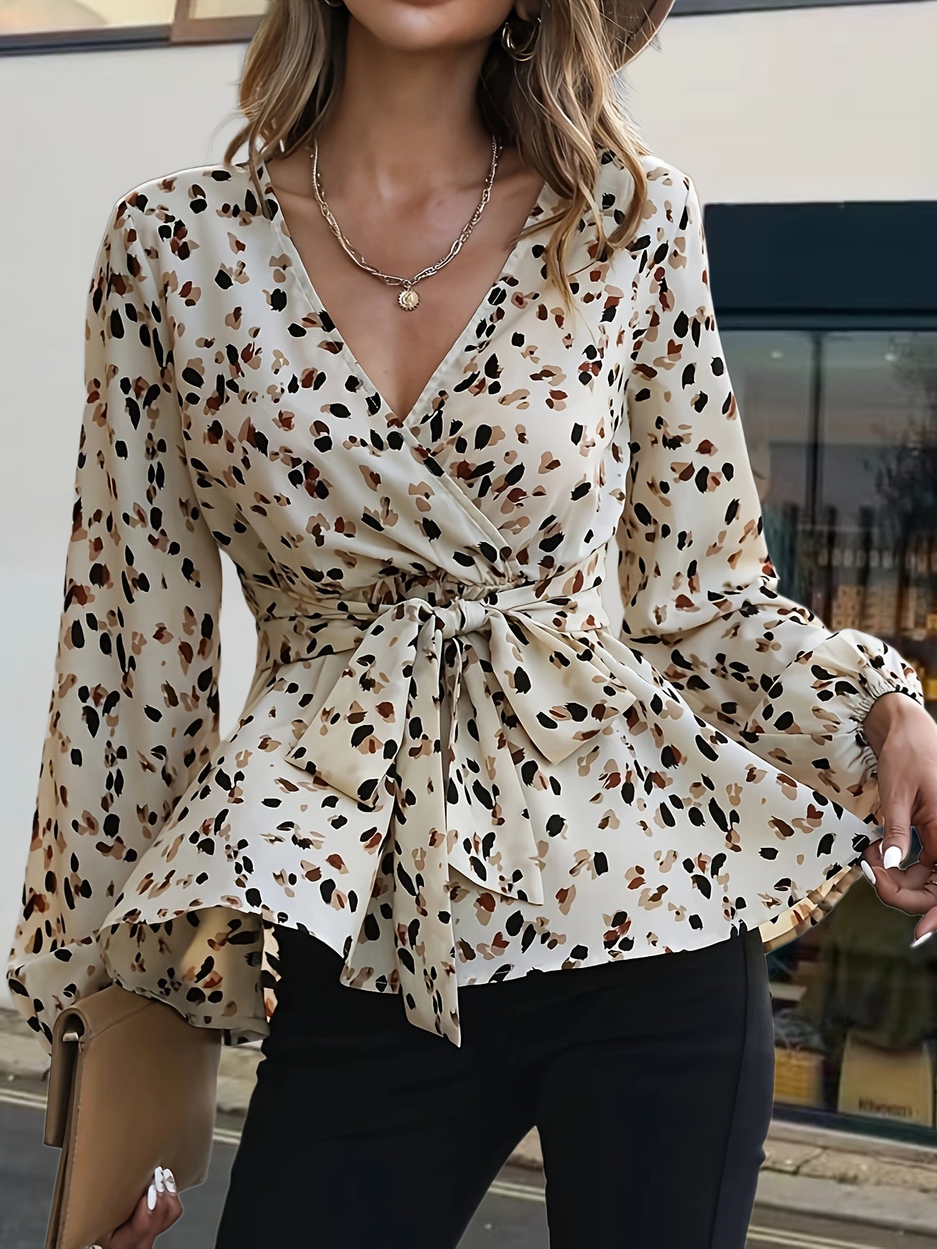 Allover Print Tie Waist Blouse, Vintage V-neck Lantern Sleeve Blouse For Spring & Fall, Women's Clothing