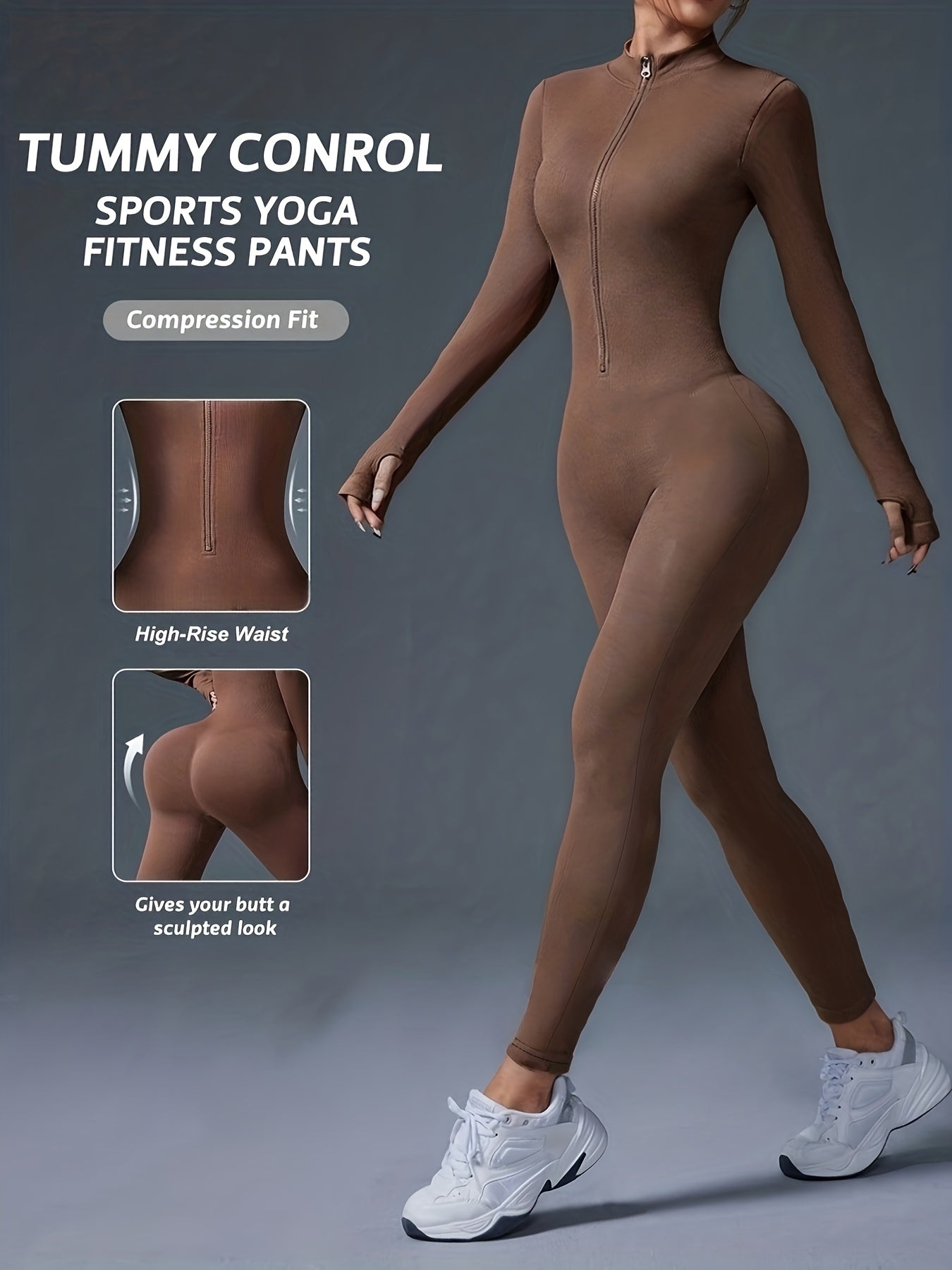 Women's Full-Length Zipper Jumpsuit - Full-Body Compression-like Fit (Tummy Control) - High-Elasticity Slim-Fit Long Sleeve Athleisure Suit for,, Dance - All-Season Outfit ( swear) - Easy-Care (No Bulk) -