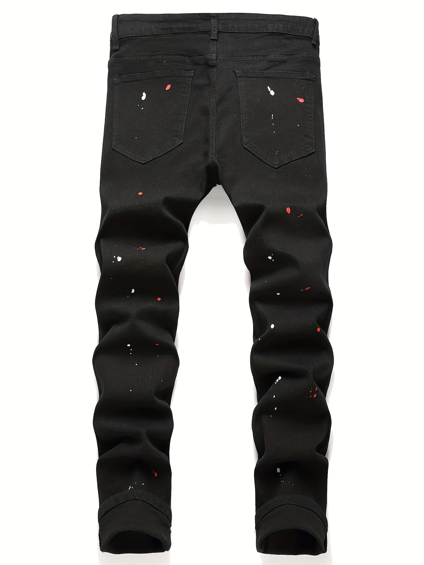 Patch Splatter Ripped Jeans, Men's Casual Street Style Distressed Slim Fit High Stretch Denim Pants For Spring Summer