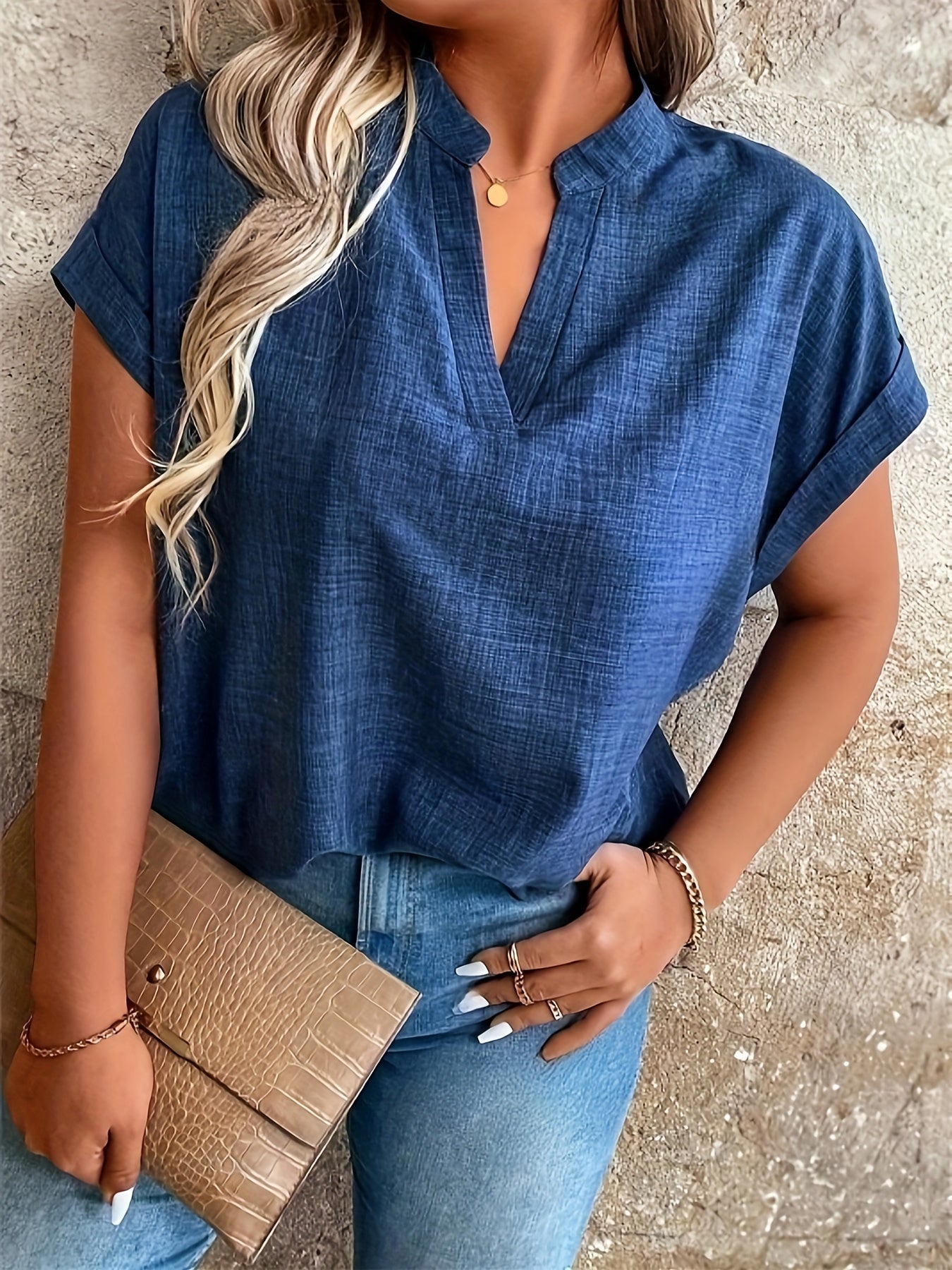 Women's Casual V-Neck Blouse with Small Stand-Up Collar - Vibrant Yellow Solid Color, Regular Fit, Machine Washable, Versatile for Spring Summer Fall, Seasonal Fashion Top, Sophisticated Casualwear, Lightweight Fabric, Everyd