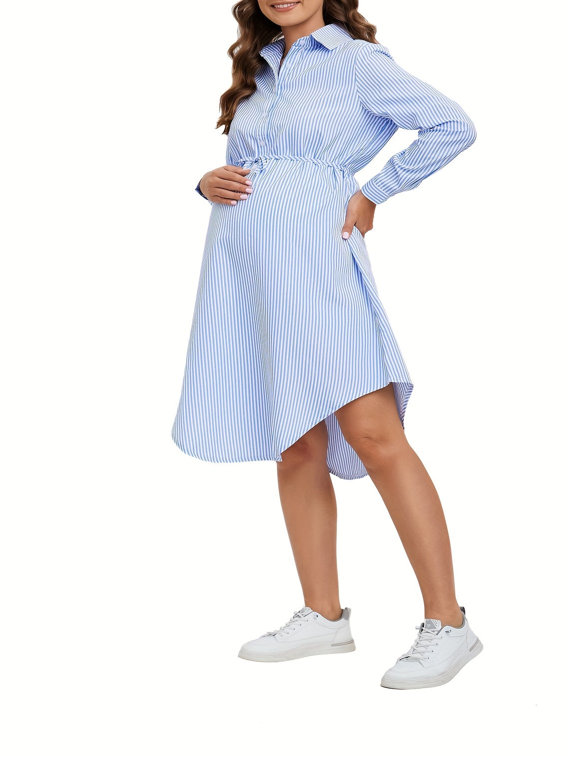 Elegant Striped Maternity Dress with Belt - Long Sleeve, Knee-Length Shirt Style for Women, Machine Washable, Loose, Collar