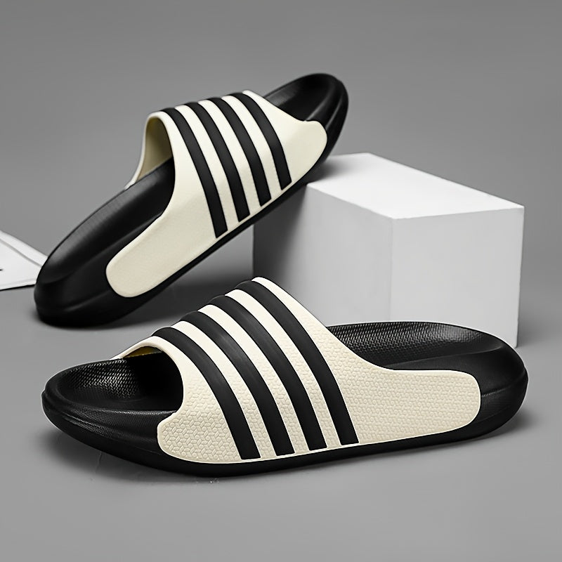 FRNDE Men's & Women's Slip- Slip-On Moccasin Slippers - 5cm Thick Cushioned EVA/PVC Upper & Arch, Black & White Striped Indoor/ Beach Shoes, All-Season Casual Slip-Ons for Men & Women (Unisex) - Comfortable Round-Toe Design w