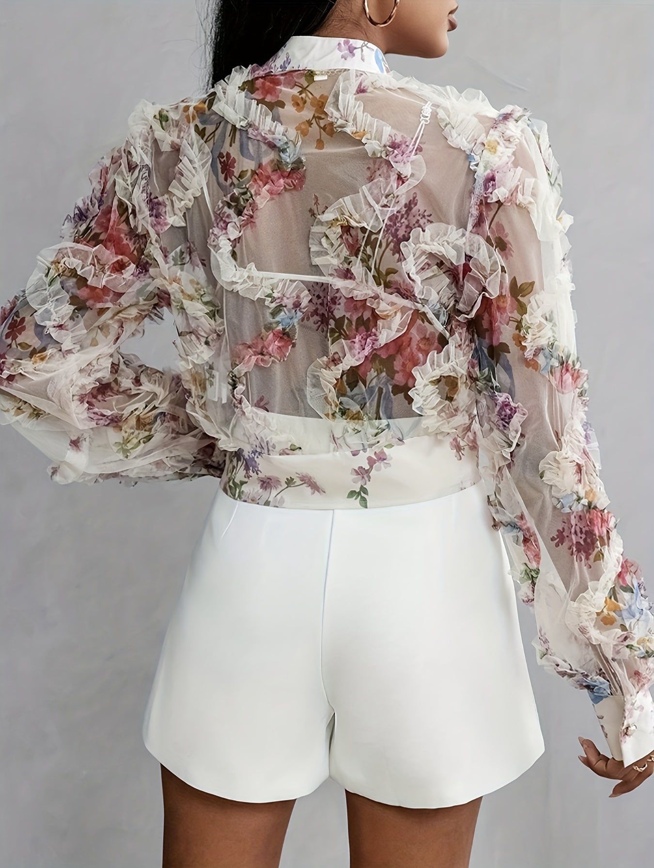 Floral Pattern Frill Trim Mesh Blouse, Sexy Long Sleeve Button Up Sheer Blouse, Women's Clothing