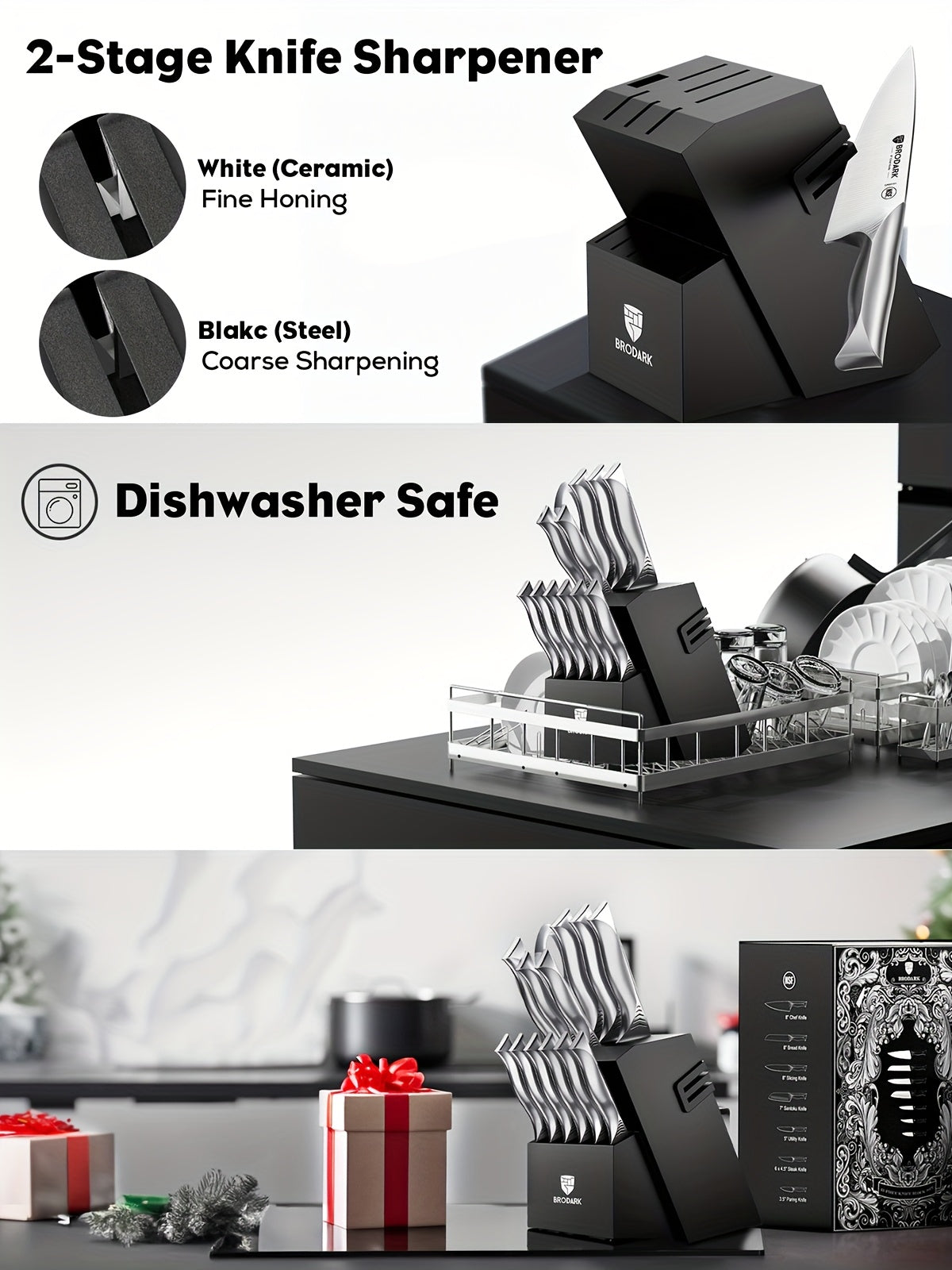 Brodark Kitchen Knife Set With Block, 15pcs Knife Block Set With Built-in Sharpener, Stainless Steel Knives Set For Kitchen, NSF Certified Kitchen Knives, Shark Series