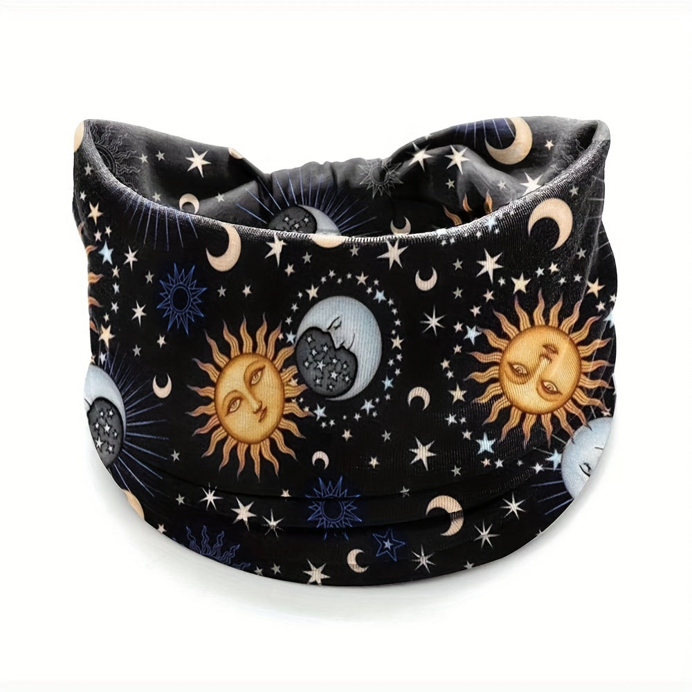 Boho Headband Sun Moon Printed Hair Band Wide Stretchy Sweatband For Yoga Running Headdress For Women