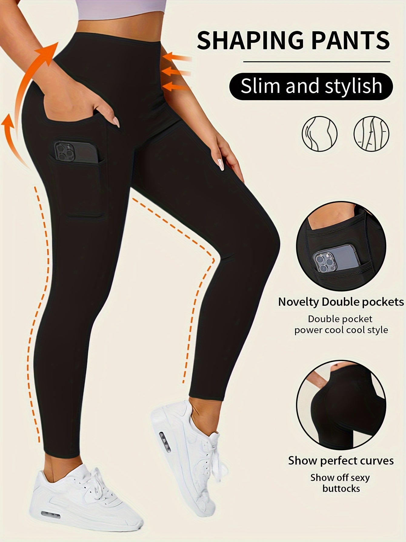 High-Waisted Leggings with Slim-Fit Double Pocket Design - Burgundy/Black/White/Navy Blue - All-Season Pants, Tummy Control & Butt-Lifting for,, Casual Wear - Hand Washable Stretchy Bottoms