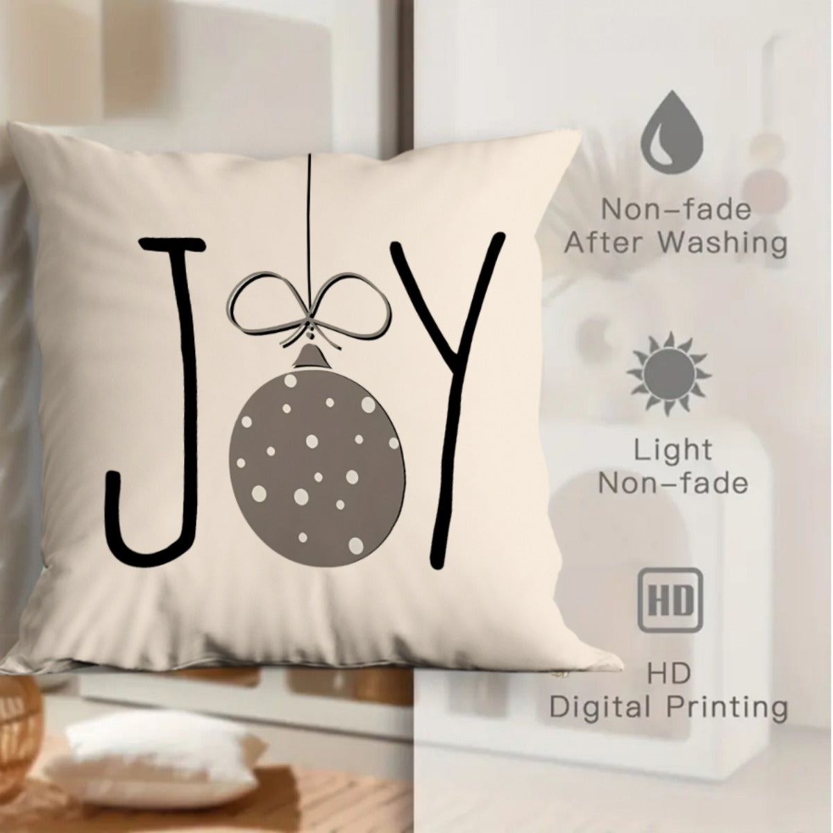 4pcs single-sided printed Christmas short plush pillowcasesChristmas Decorative Pillows for Living Room, Festive Winter Throw Cushions in Soft Fabric, Beige and Gray with Joy, Snowman, Reindeer Designs, Durable and Lightweigh