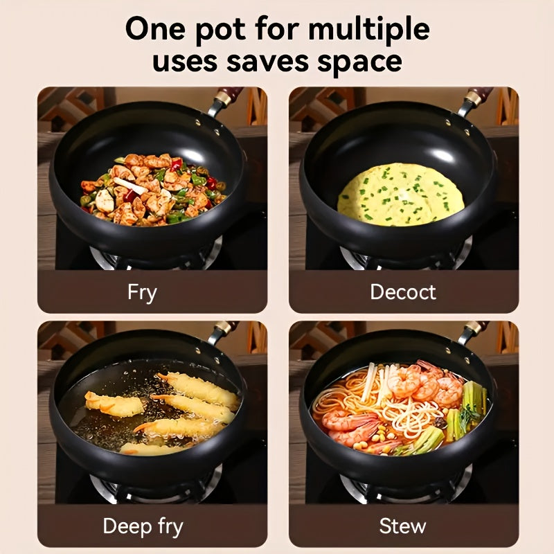 Hand-Forged Large Bellied Iron Wok - Non-Stick Deep Round Frying Pan with Wooden Handle, Heavy-Duty Cast Iron Cookware for Stir-Frying, Braising, Braising Pot, Traditional Cooking Pot, Durable Cooking Pot