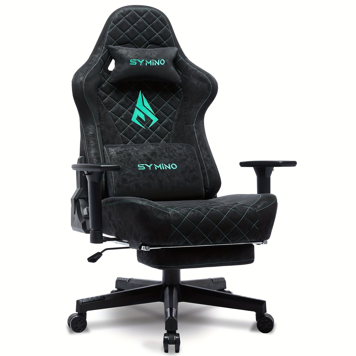 SYMINO Ergonomic Gaming Chair - Vintage Faux Leather, Adjustable Racing Chair Design with Headrest and Footrest, Rotating Task Chairs for PC & Office Use, Black with Teal Accents, Gaming Chair for Adults