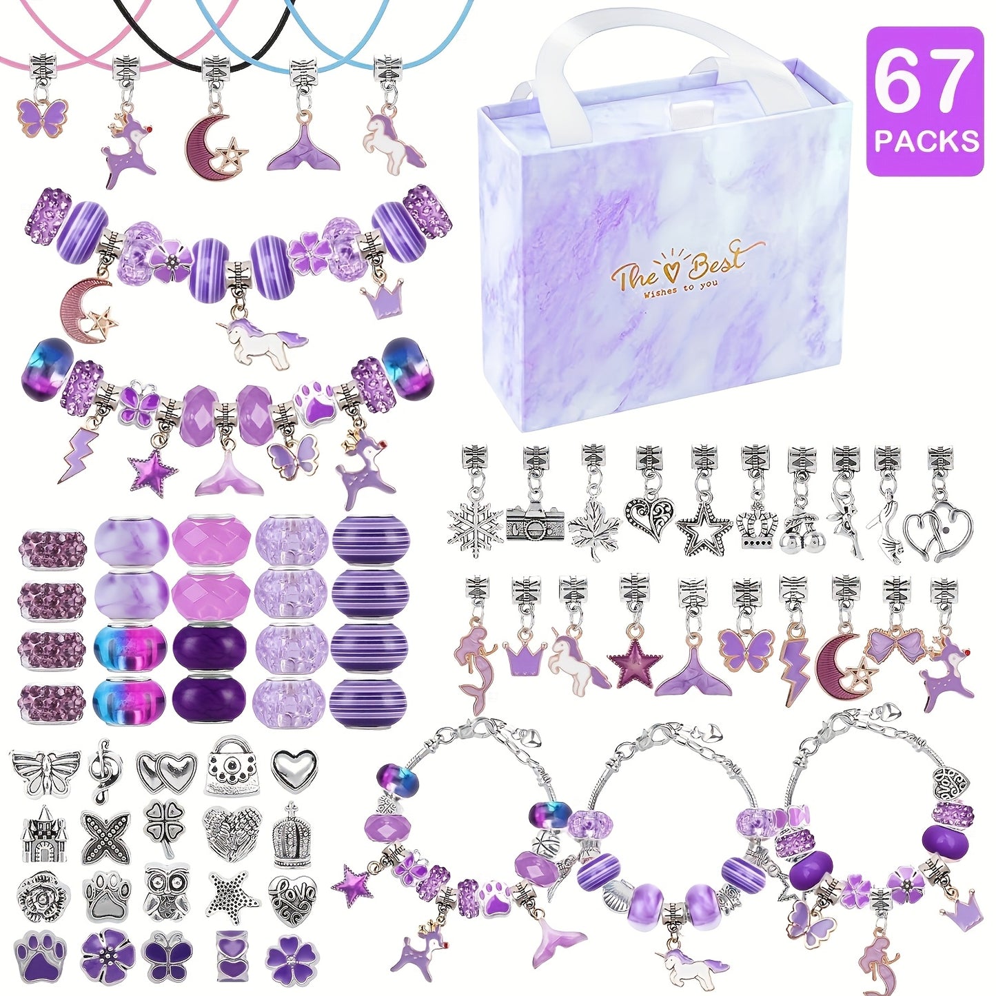 67-Piece DIY Charm Bracelet Bead Kit with Unicorn Mermaid Crafts, Includes 60 Charms, 3 Bracelets, and 3 Necklace Strands, Suitable for Birthday, Christmas, New Year's, Valentine's Day Gifts