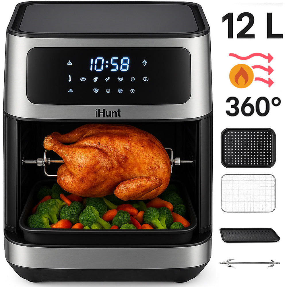 Hot Air Fryer with Rotisserie Without Oil Ihunt Bro Air Fryer 12L Rotary XL, 1800W, 360-Degree Air Circulation, Premium Inox Body, 10 Cooking Functions, Adjustable Temperature, Defrosting, Double Compartment with 3 Cooking Zo