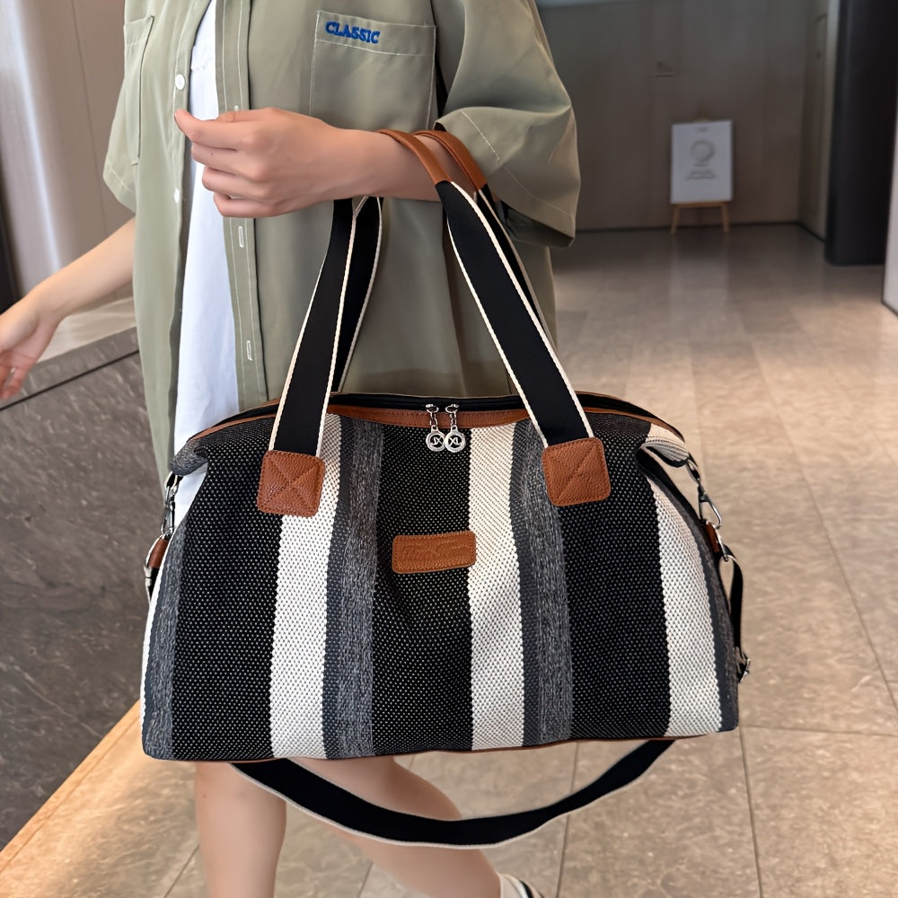 Striped Retro Short-Term Travel Bag for Women, Lightweight Handheld Luggage with Large Capacity
